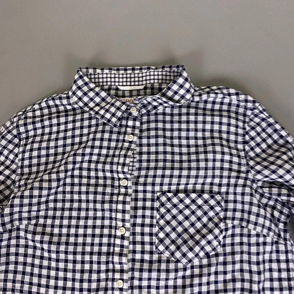 Merona Popover Shirt Women's Size Large L Navy Blue White Gingham Check‎ Cotton